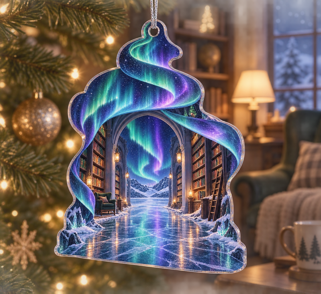Northern Lights Reading Nook Decor Custom Shape Ornament with flat printed optical 3D aurora library in midnight indigo emerald cyan violet icy white and a cozy reading nook