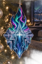 Northern Lights Bedroom Decor Custom Shape Ornament with flat printed optical 3D aurora glacier cathedral in midnight black blue neon emerald magenta cobalt icy silver and a luxury bedroom