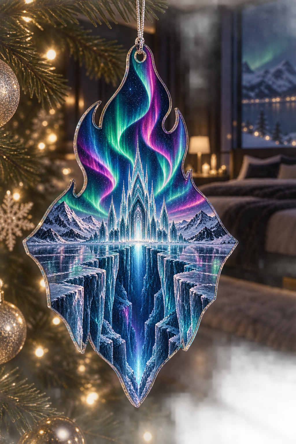 Northern Lights Bedroom Decor Custom Shape Ornament with flat printed optical 3D aurora glacier cathedral in midnight black blue neon emerald magenta cobalt icy silver and a luxury bedroom