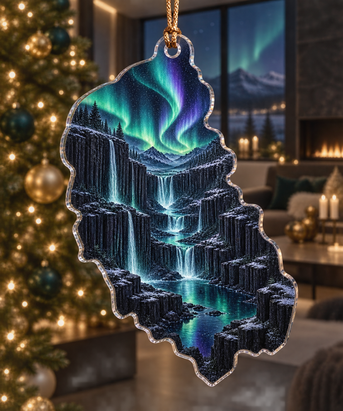 Northern Lights Living Room Custom Shape Ornament with flat printed optical 3D aurora waterfall canyon in obsidian emerald turquoise electric violet icy white and a modern living room