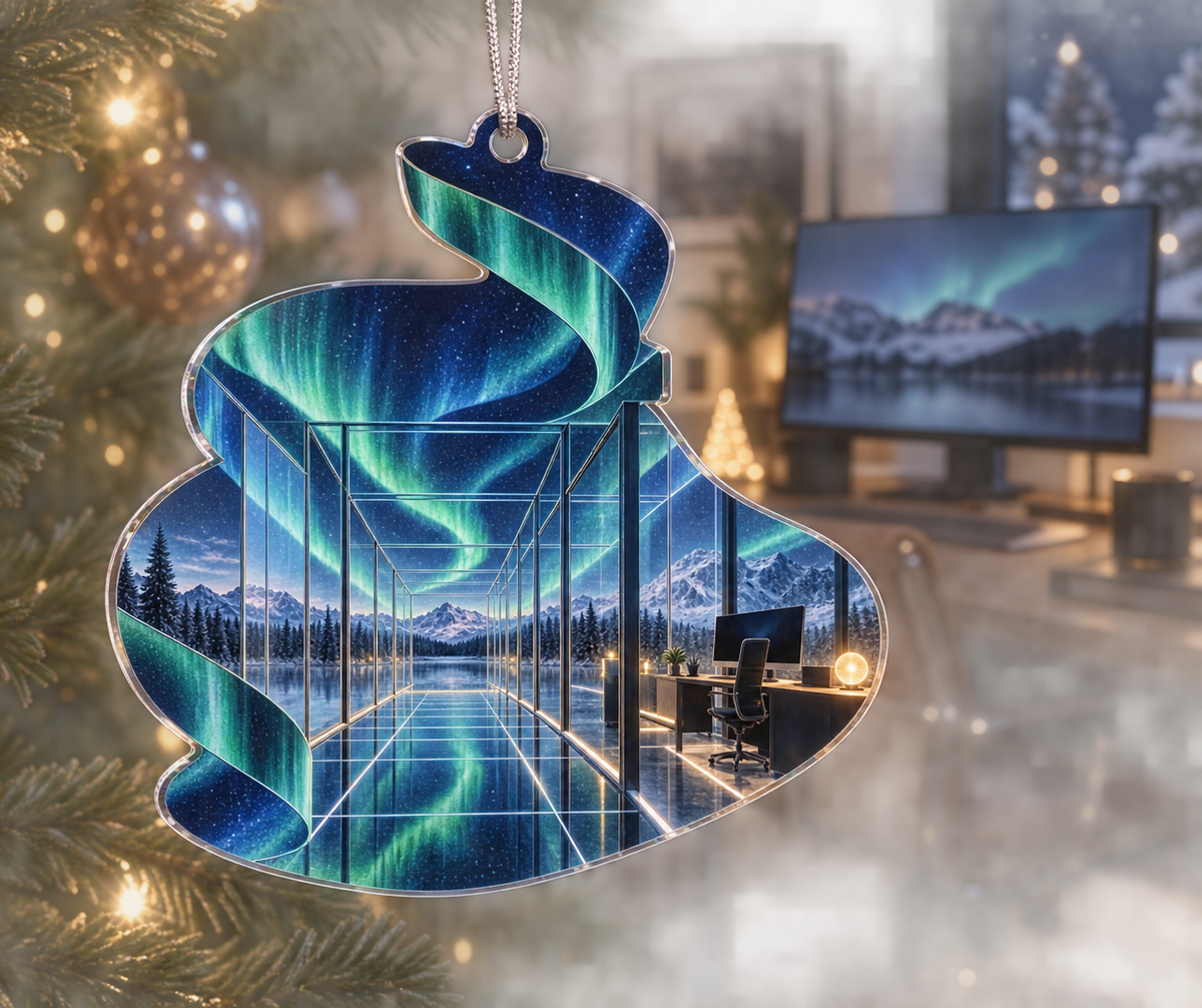 Northern Lights Home Office Custom Shape Ornament with flat printed optical 3D aurora glass corridor in deep navy emerald cobalt aqua frosted white and a polished home office