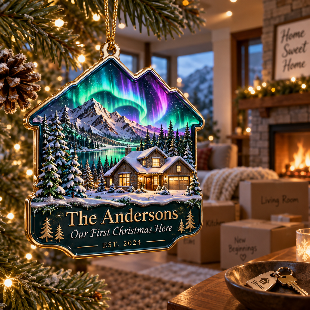 Northern Lights Personalized House Ornament with personalized family name and flat printed optical 3D aurora portal artwork in emerald cyan violet and midnight blue