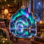 Northern Lights Quiet Corner Custom Shape Ornament with flat printed optical 3D aurora ice portal in emerald cyan violet midnight blue and a serene reading nook