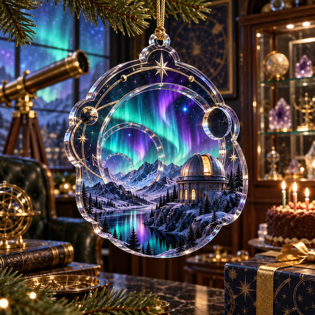 Northern Lights Collector Birthday Ornament with flat printed optical 3D aurora observatory and antique celestial rings in emerald cyan violet navy and gold