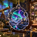 Northern Lights Collector Birthday Ornament with flat printed optical 3D aurora observatory and antique celestial rings in emerald cyan violet navy and gold