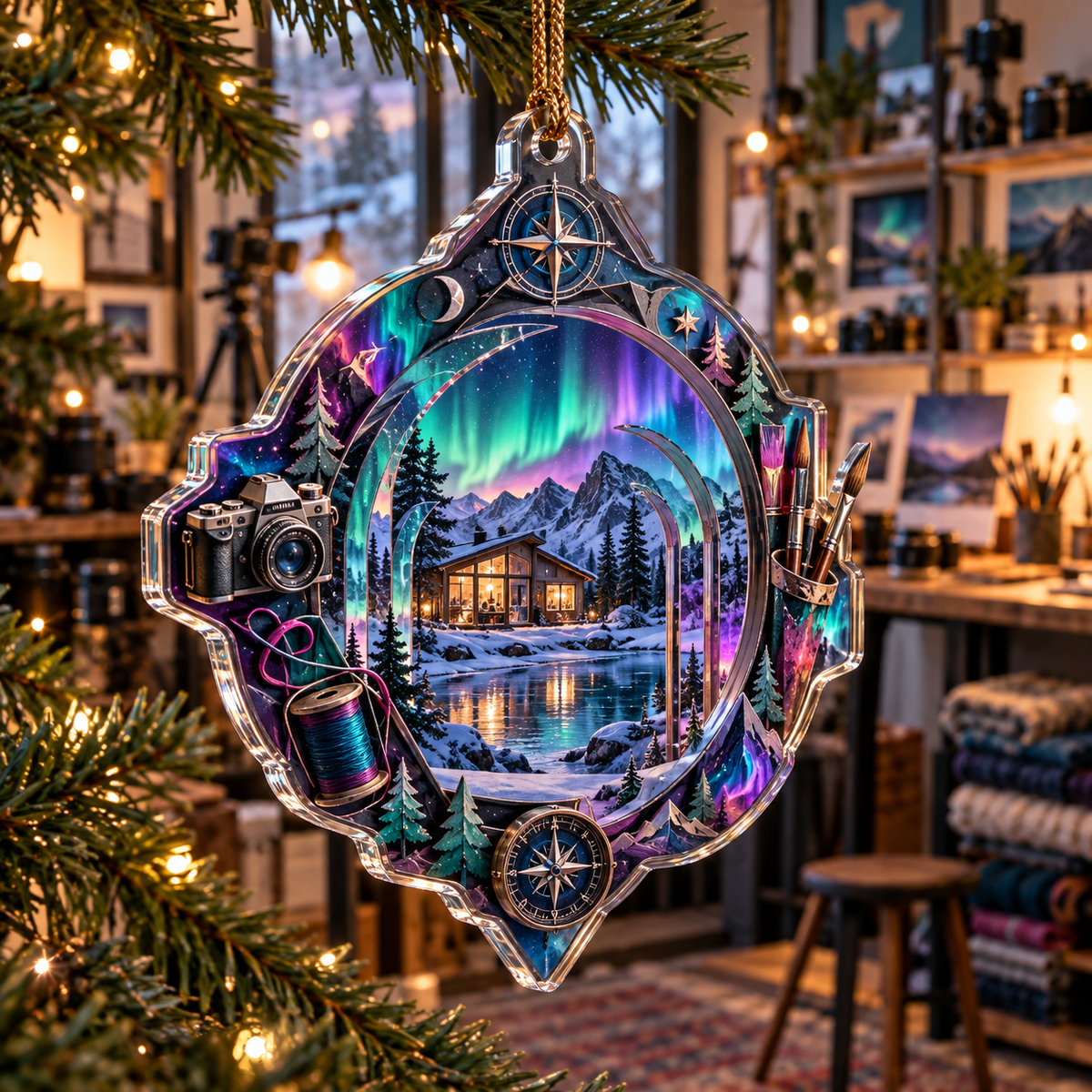 Northern Lights Hobby Studio Ornament with flat printed optical 3D aurora creative studio portals in emerald cyan violet navy and maker tool motifs