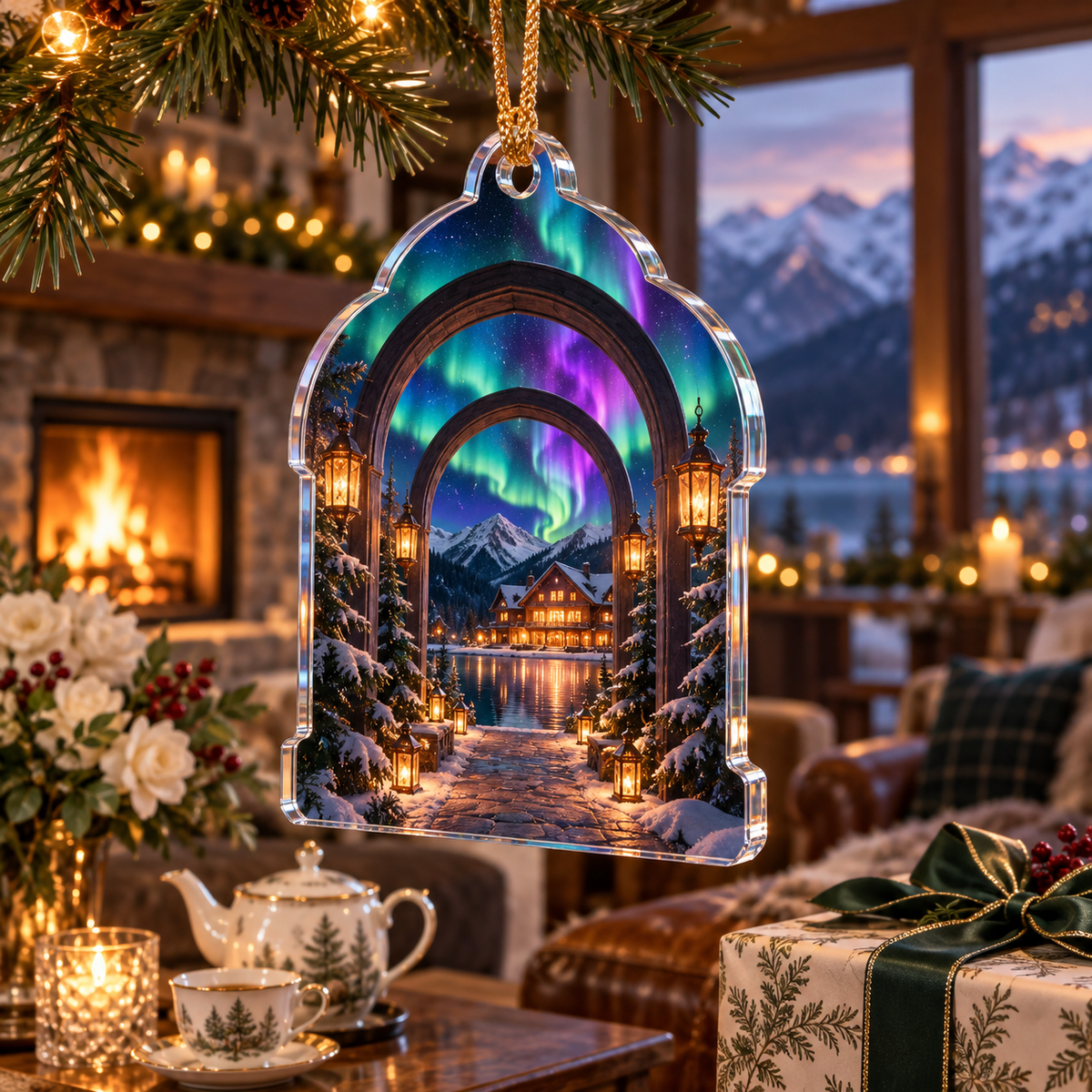 Northern Lights Host Thank You Ornament with flat printed optical 3D aurora welcoming arches in emerald cyan violet midnight blue and warm lodge light
