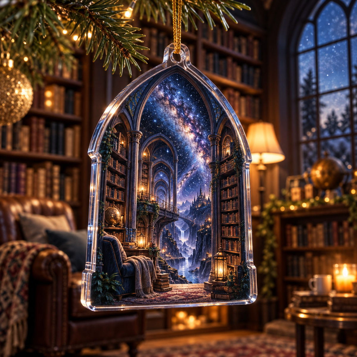 Milky Way Arch Reading Nook Ornament with flat printed optical 3D Milky Way gothic library arches in midnight navy indigo amethyst icy blue and warm starlight