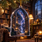 Milky Way Arch Reading Nook Ornament with flat printed optical 3D Milky Way gothic library arches in midnight navy indigo amethyst icy blue and warm starlight
