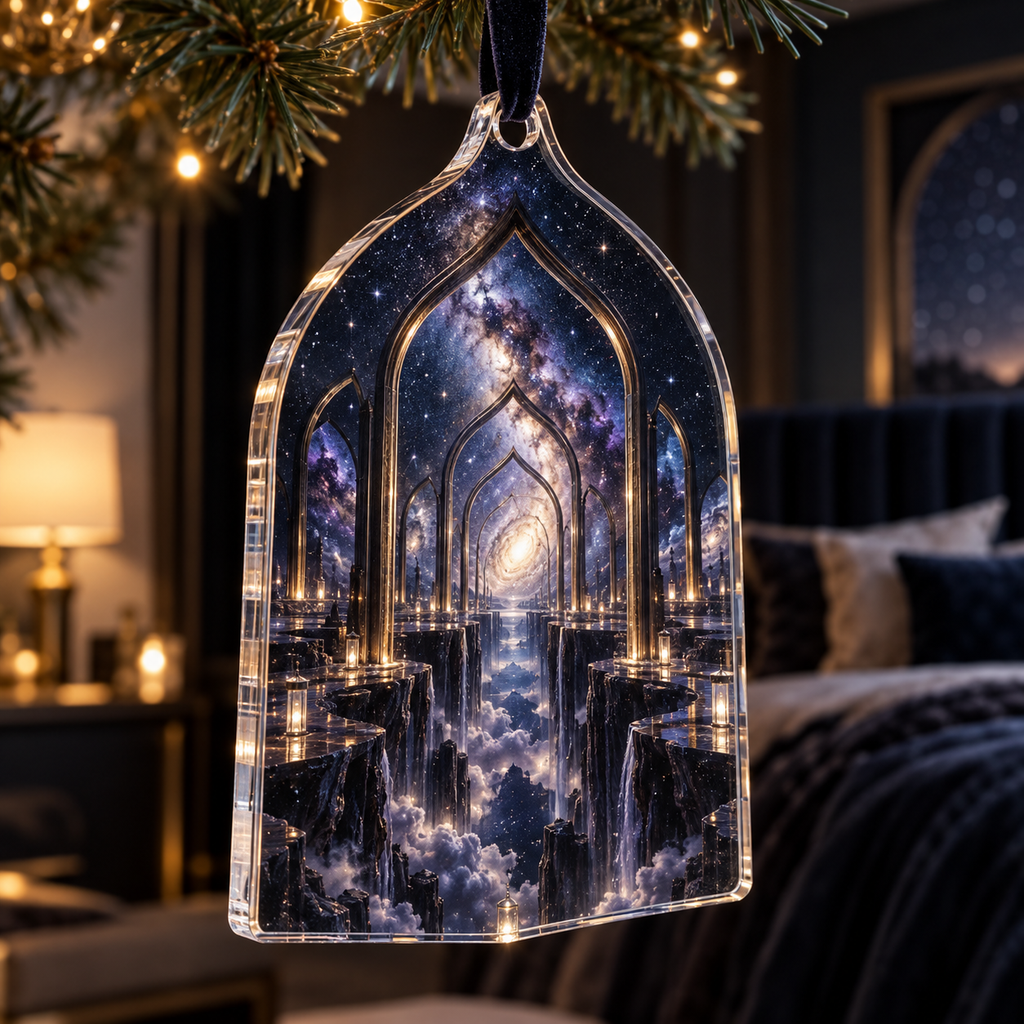 Milky Way Arch Bedroom Statement Ornament with flat printed optical 3D Milky Way mirrored arches and cosmic canyon in obsidian navy indigo amethyst silver and warm gold