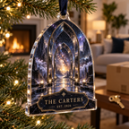 Milky Way Arch Personalized House Ornament personalized with sample family name, flat printed optical 3D Milky Way mirrored arches and cosmic canyon