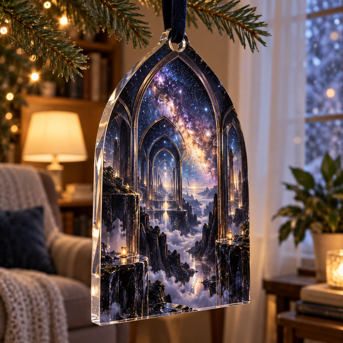 Milky Way Arch Quiet Corner Ornament with flat printed optical 3D Milky Way mirrored arches and cosmic canyon in obsidian navy indigo amethyst silver and warm gold