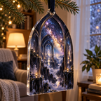 Milky Way Arch Quiet Corner Ornament with flat printed optical 3D Milky Way mirrored arches and cosmic canyon in obsidian navy indigo amethyst silver and warm gold