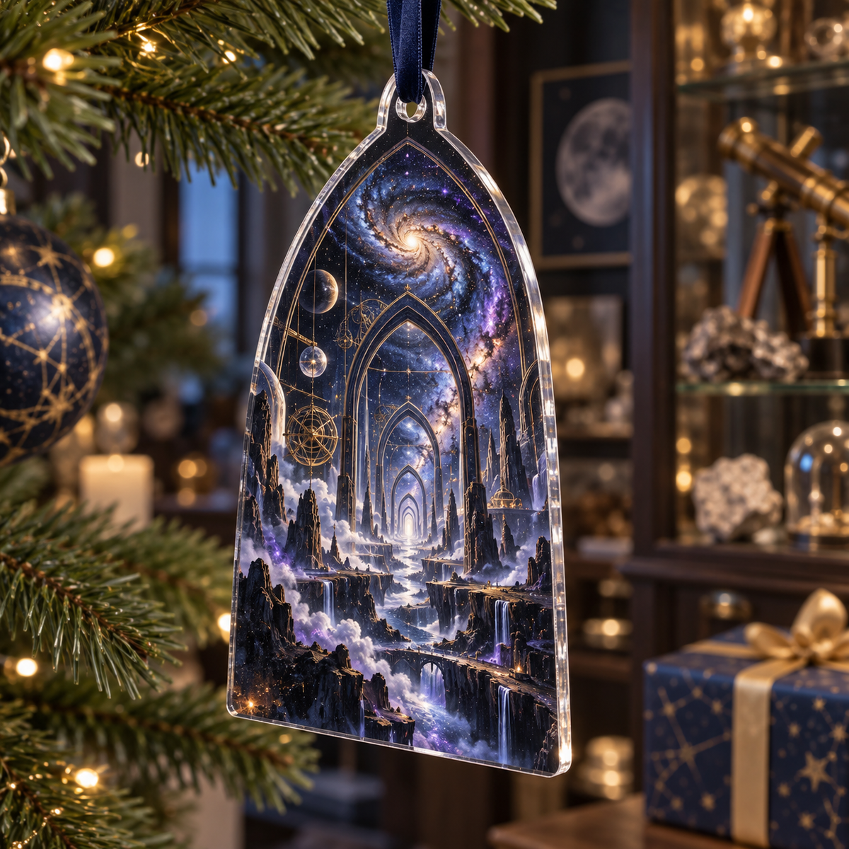 Milky Way Arch Collector Birthday Ornament with flat printed optical 3D Milky Way mirrored arches and cosmic canyon in obsidian navy indigo amethyst silver and warm gold