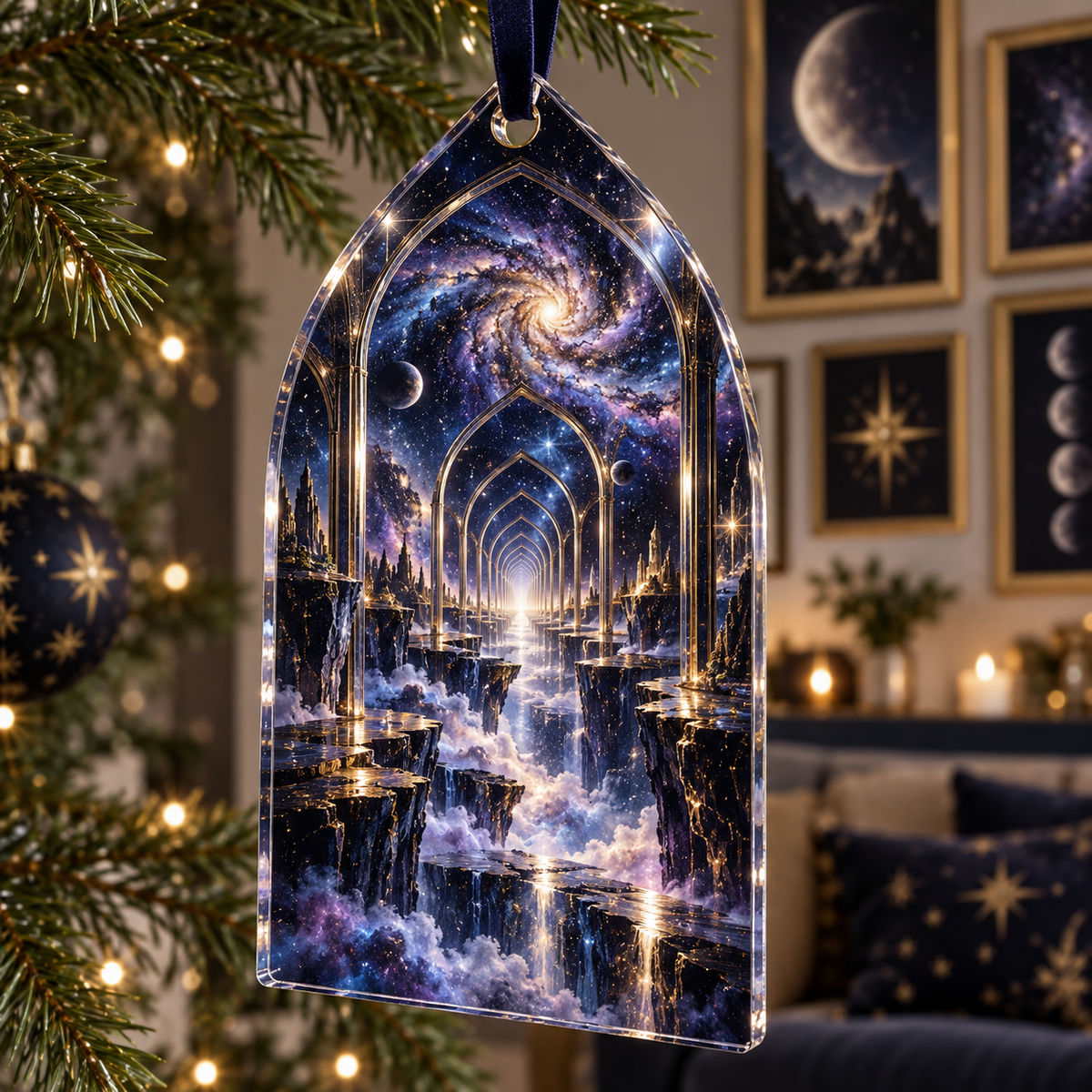 Milky Way Arch Apartment Gallery Ornament with flat printed optical 3D Milky Way mirrored arches and cosmic canyon in midnight navy indigo amethyst silver and gold