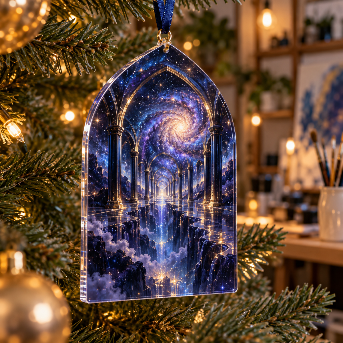 Milky Way Arch Hobby Studio Ornament with flat printed optical 3D Milky Way mirrored arches and cosmic canyon in midnight navy indigo amethyst silver and gold