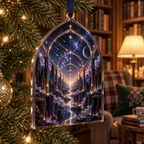 Meteor Shower Reading Nook Ornament with flat printed optical 3D meteor shower through celestial arches into a star canyon in midnight navy violet copper and gold