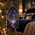 Meteor Shower Bedroom Statement Ornament with flat printed optical 3D meteor shower through celestial arches into a star canyon in midnight navy violet copper and gold
