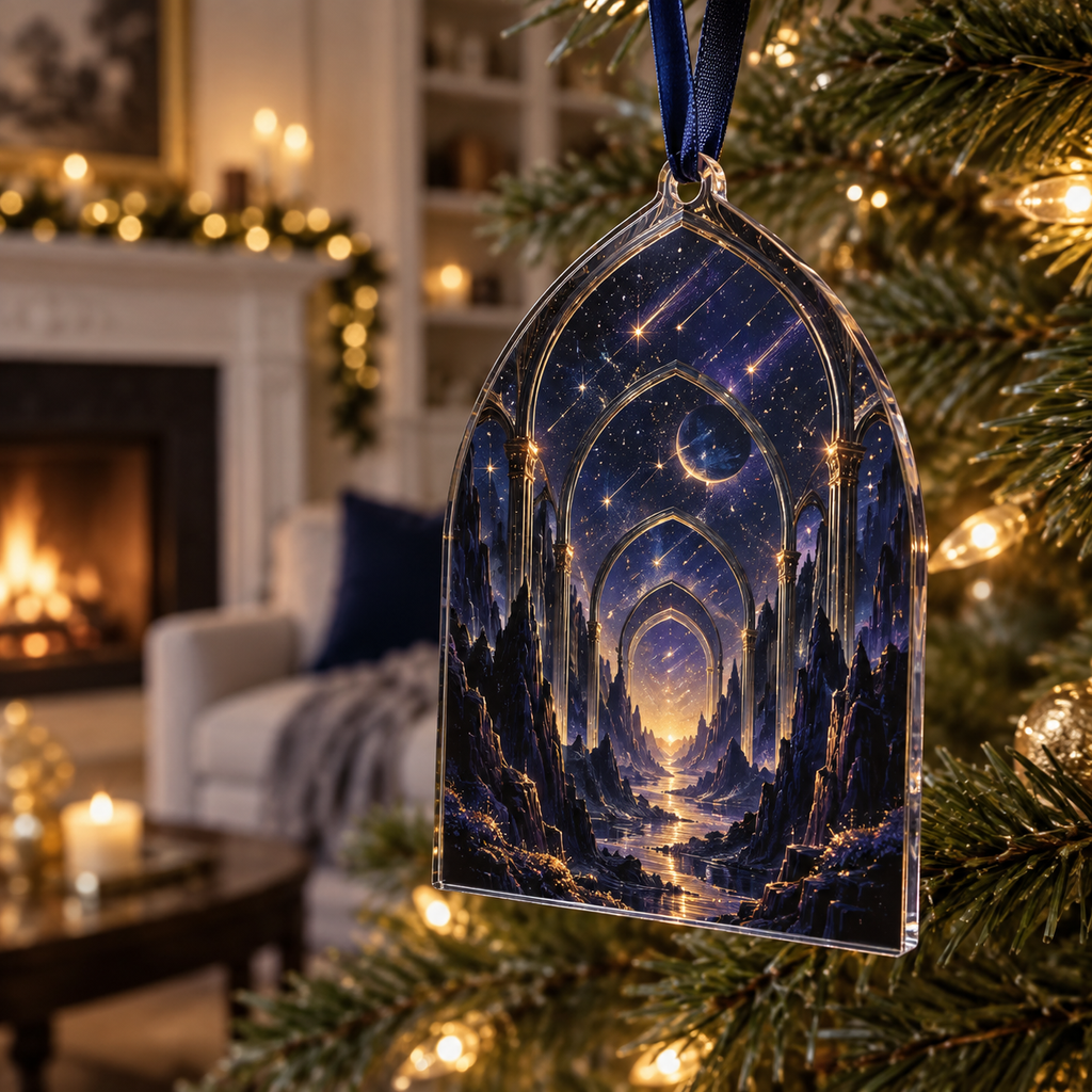 Meteor Shower Living Room Focal Ornament with flat printed optical 3D meteor shower through celestial arches into a star canyon in midnight navy violet copper and gold