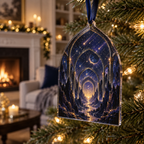 Meteor Shower Living Room Focal Ornament with flat printed optical 3D meteor shower through celestial arches into a star canyon in midnight navy violet copper and gold