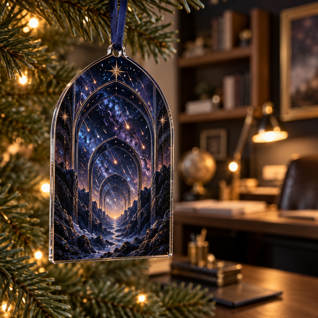 Meteor Shower Home Office Ornament with flat printed optical 3D meteor shower through celestial arches into a star canyon in midnight navy violet copper and gold
