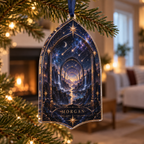 Meteor Shower Personalized House Ornament personalized with sample family name, flat printed optical 3D meteor shower through celestial arches and star canyon