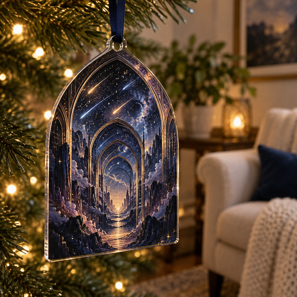Meteor Shower Quiet Corner Ornament with flat printed optical 3D meteor shower through celestial arches into a star canyon in midnight navy violet copper and gold
