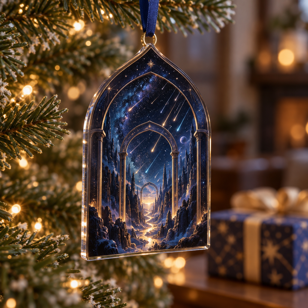 Meteor Shower Collector Birthday Ornament with flat printed optical 3D meteor shower through celestial arches into a star canyon in midnight navy violet copper and gold