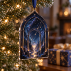 Meteor Shower Collector Birthday Ornament with flat printed optical 3D meteor shower through celestial arches into a star canyon in midnight navy violet copper and gold