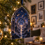 Meteor Shower Apartment Gallery Ornament with flat printed optical 3D meteor shower through celestial arches into a star canyon in midnight navy violet copper and gold