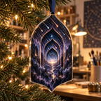 Meteor Shower Hobby Studio Ornament with flat printed optical 3D meteor shower through celestial arches into a star canyon in midnight navy violet copper and gold
