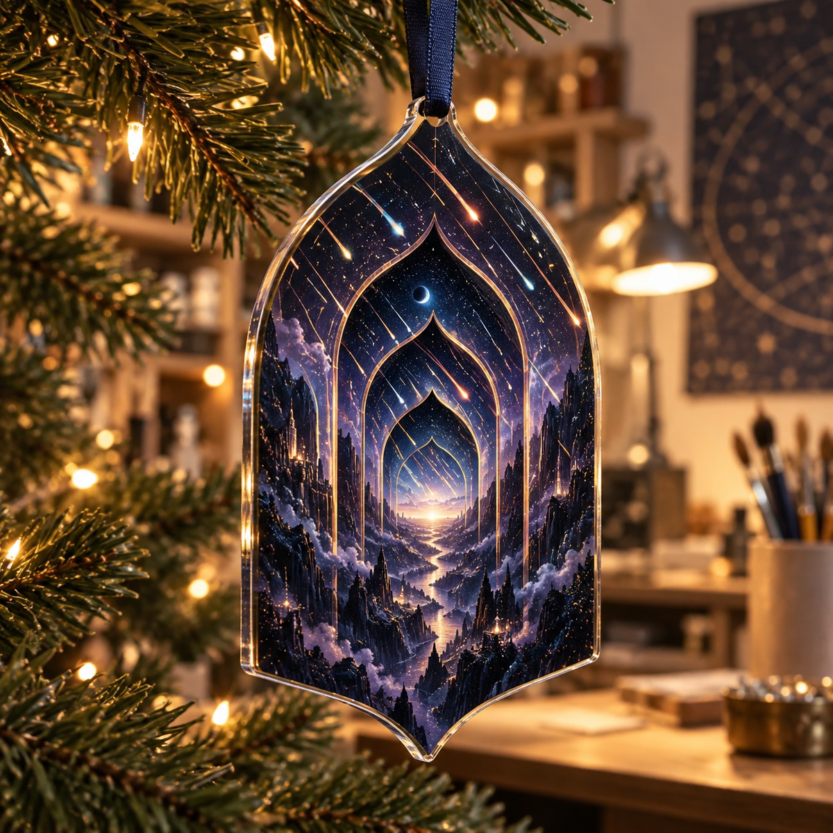 Meteor Shower Hobby Studio Ornament with flat printed optical 3D meteor shower through celestial arches into a star canyon in midnight navy violet copper and gold