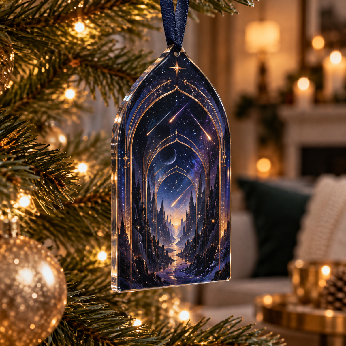 Meteor Shower Host Thank You Ornament with flat printed optical 3D meteor shower through celestial arches into a star canyon in midnight navy violet copper and gold