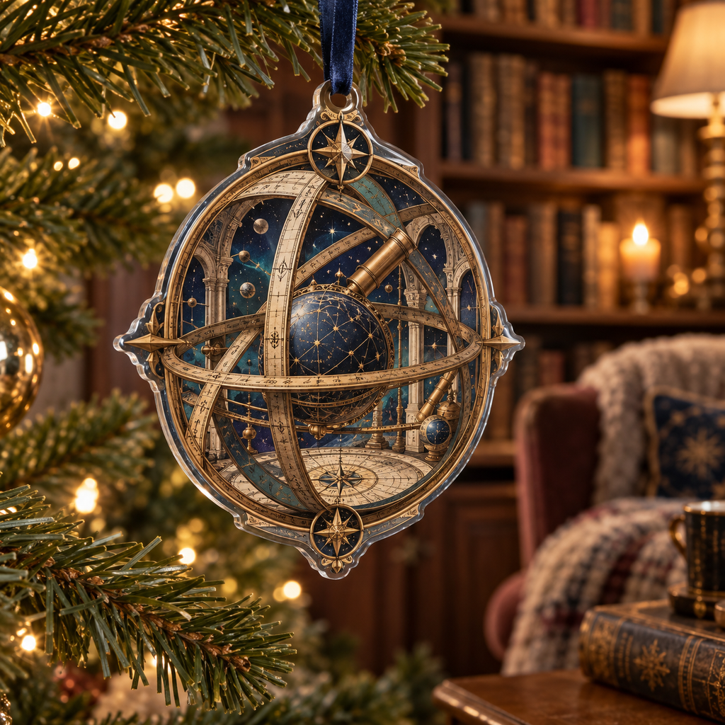 Astronomical Instruments Reading Nook Ornament with flat printed optical 3D armillary spheres astrolabes and telescope optics through observatory arches in aged brass navy parchment and teal