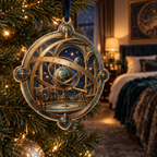 Astronomical Instruments Bedroom Statement Ornament with flat printed optical 3D armillary spheres astrolabes and telescope optics through observatory arches in aged brass navy parchment and teal