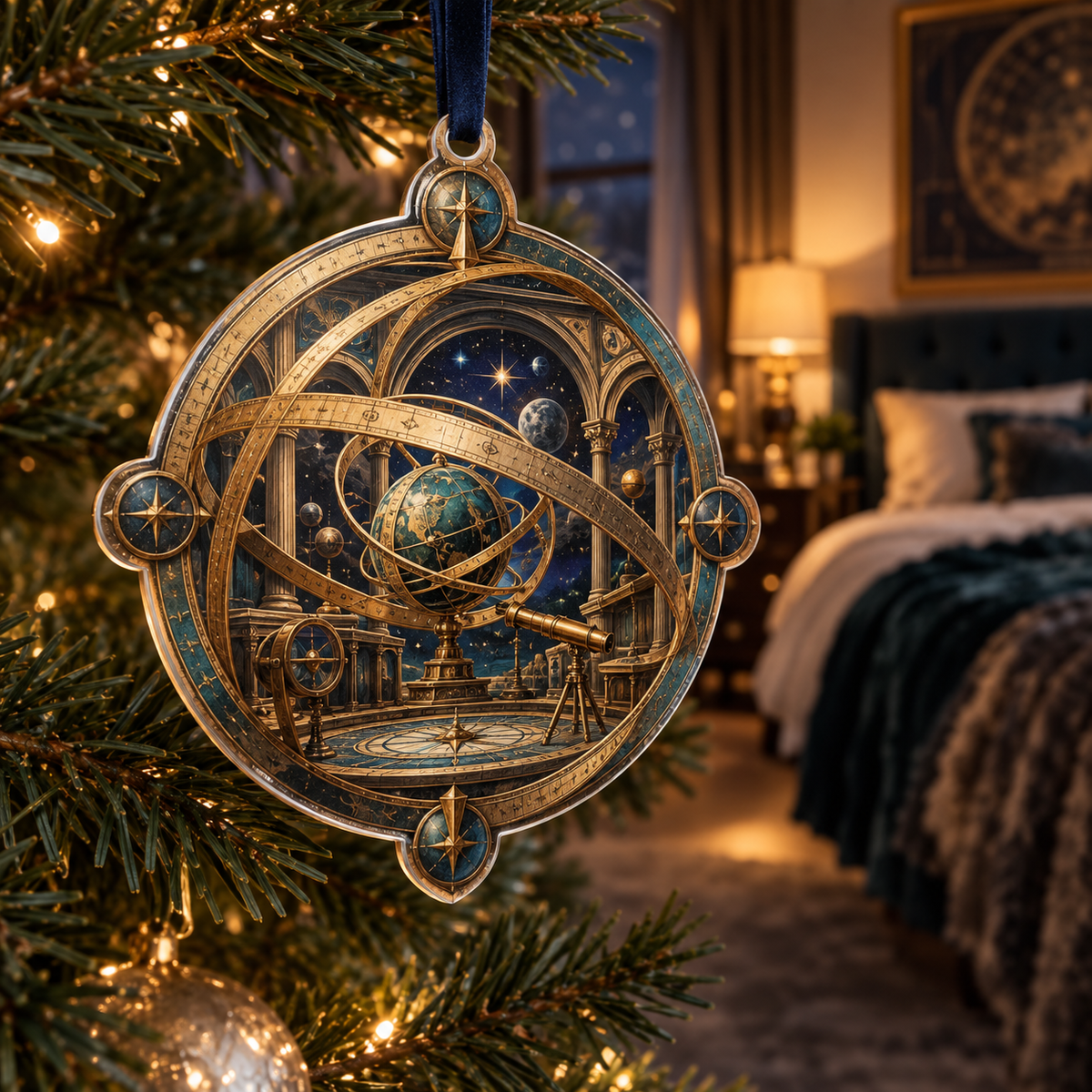 Astronomical Instruments Bedroom Statement Ornament with flat printed optical 3D armillary spheres astrolabes and telescope optics through observatory arches in aged brass navy parchment and teal