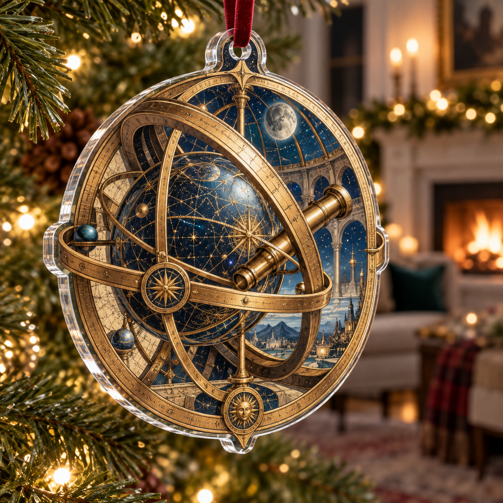 Astronomical Instruments Living Room Ornament with flat printed optical 3D armillary spheres astrolabes and telescope optics through observatory arches in aged brass navy parchment and teal