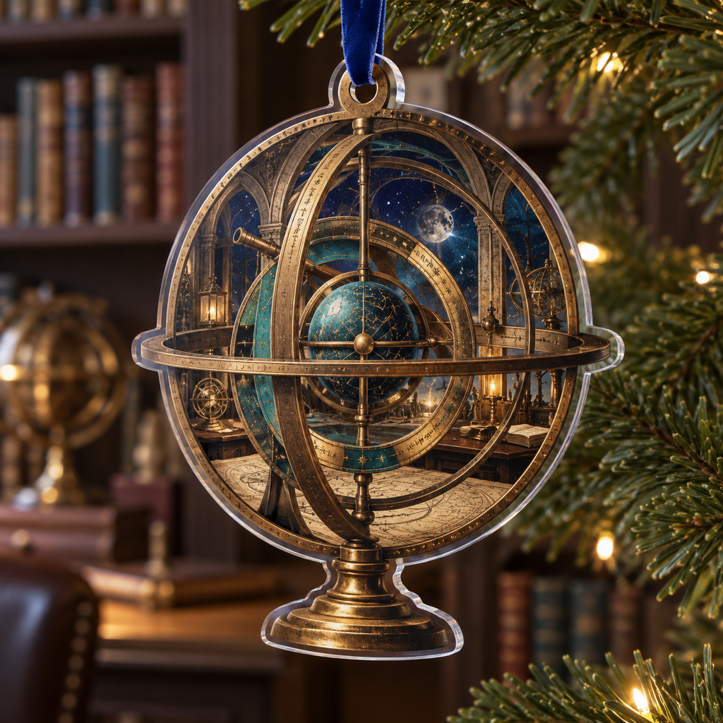 Astronomical Instruments Home Office Ornament with flat printed optical 3D armillary spheres astrolabes and telescope optics through observatory arches in aged brass navy parchment and teal