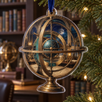 Astronomical Instruments Home Office Ornament with flat printed optical 3D armillary spheres astrolabes and telescope optics through observatory arches in aged brass navy parchment and teal