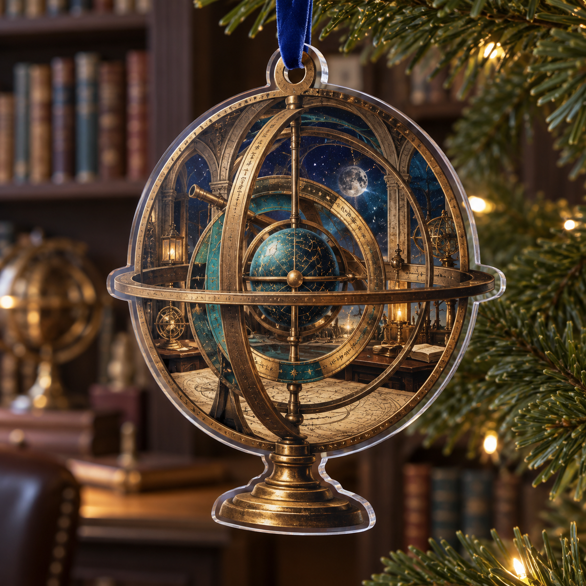 Astronomical Instruments Home Office Ornament with flat printed optical 3D armillary spheres astrolabes and telescope optics through observatory arches in aged brass navy parchment and teal
