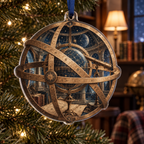 Astronomical Instruments Quiet Corner Ornament with flat printed optical 3D armillary spheres astrolabes and telescope optics through observatory arches in aged brass navy parchment and teal