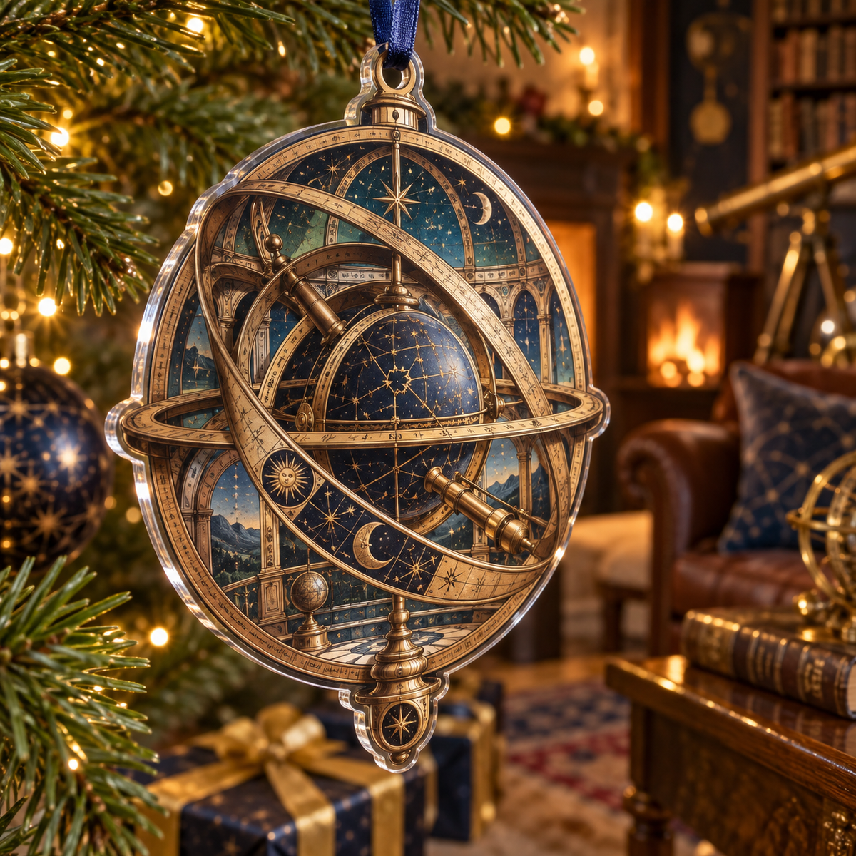 Astronomical Instruments Collector Ornament with flat printed optical 3D armillary spheres astrolabes and telescope optics through observatory arches in aged brass navy parchment and teal