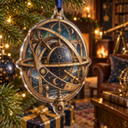 Astronomical Instruments Collector Ornament with flat printed optical 3D armillary spheres astrolabes and telescope optics through observatory arches in aged brass navy parchment and teal