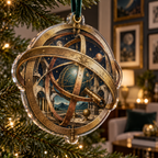 Astronomical Instruments Apartment Gallery Ornament with flat printed optical 3D armillary spheres astrolabes and telescope optics through observatory arches in aged brass navy parchment and teal
