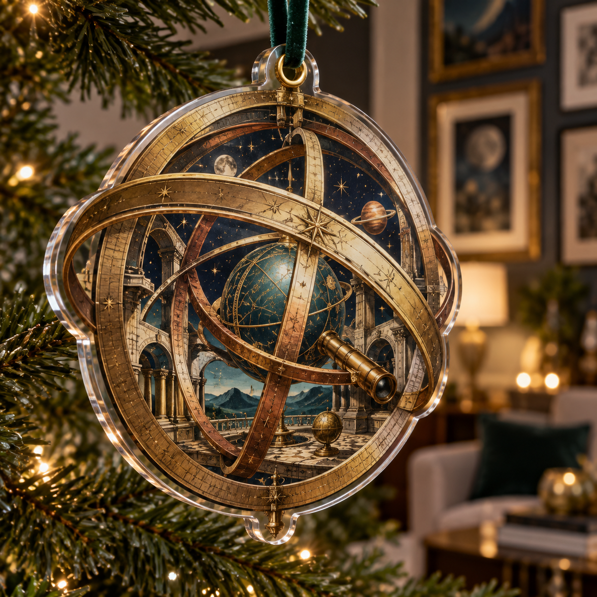 Astronomical Instruments Apartment Gallery Ornament with flat printed optical 3D armillary spheres astrolabes and telescope optics through observatory arches in aged brass navy parchment and teal