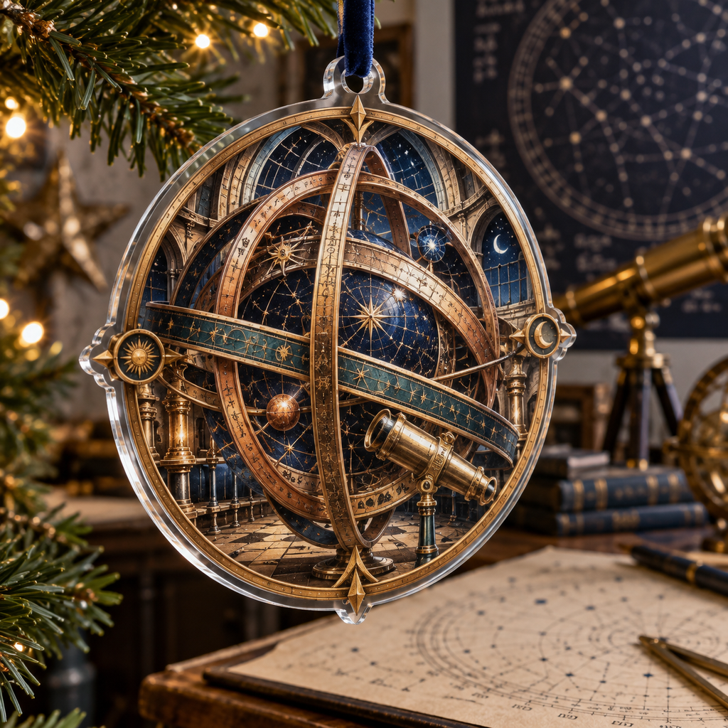 Astronomical Instruments Hobby Studio Ornament with flat printed optical 3D armillary spheres astrolabes and telescope optics through observatory arches in aged brass navy parchment and teal
