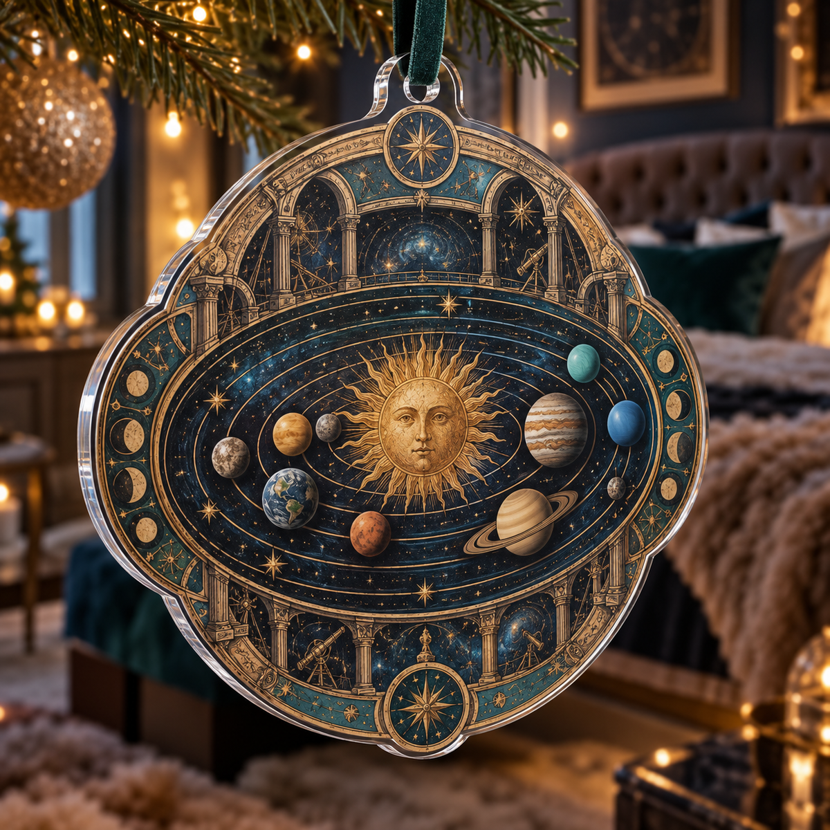 Vintage Solar System Bedroom Statement Ornament with flat printed optical 3D antique sun engraved planets and orbital rings through observatory arches in brass navy sepia and teal