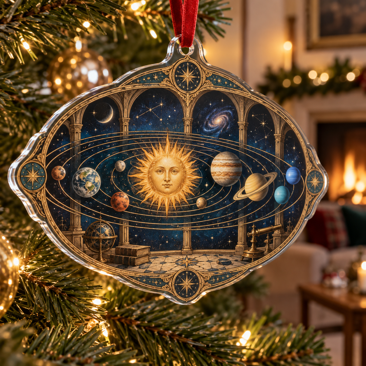 Vintage Solar System Living Room Ornament with flat printed optical 3D antique sun engraved planets and orbital rings through observatory arches in brass navy sepia and teal