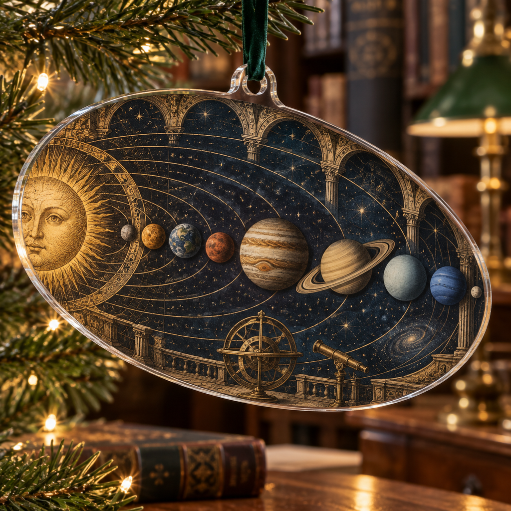 Vintage Solar System Home Office Ornament with flat printed optical 3D antique sun engraved planets and orbital rings through observatory arches in brass navy sepia and teal