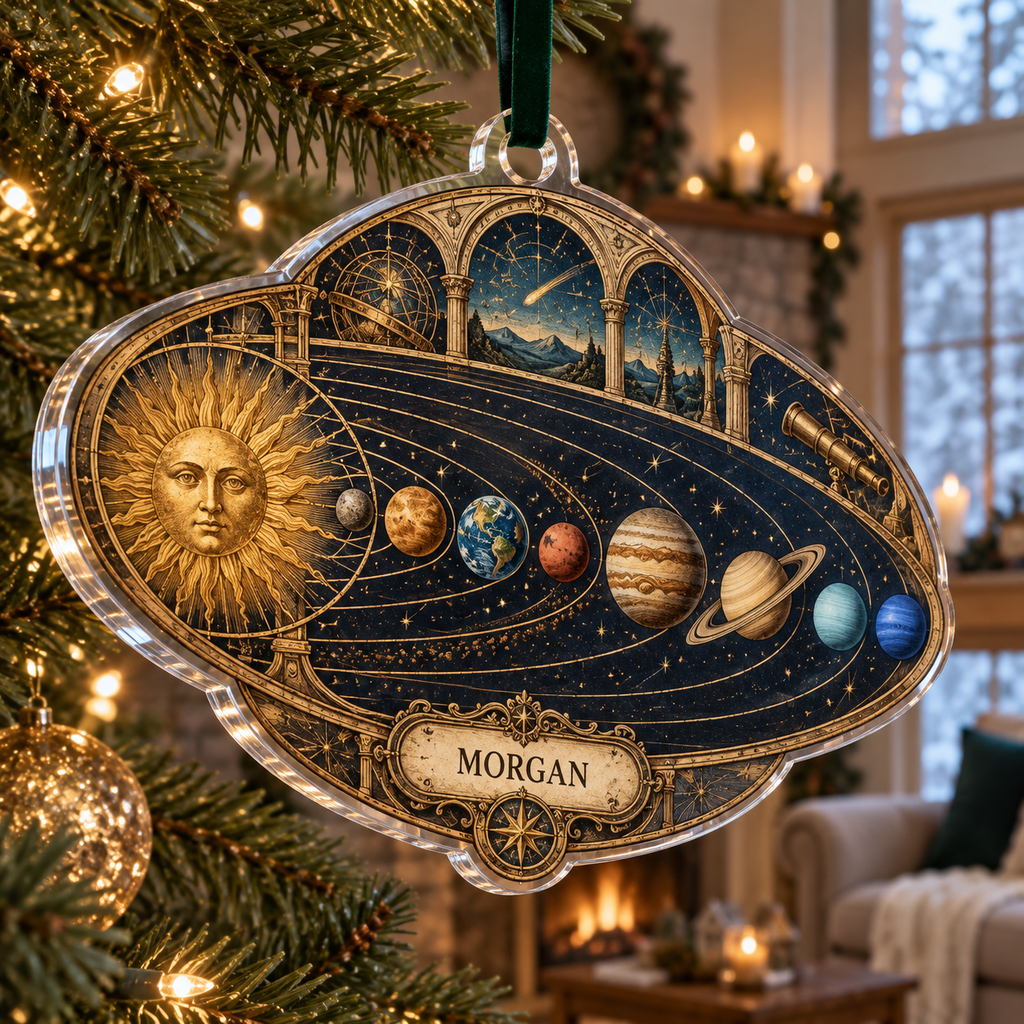Vintage Solar System Housewarming Ornament with sample family name printed in optical 3D antique sun engraved planets and orbital rings through observatory arches
